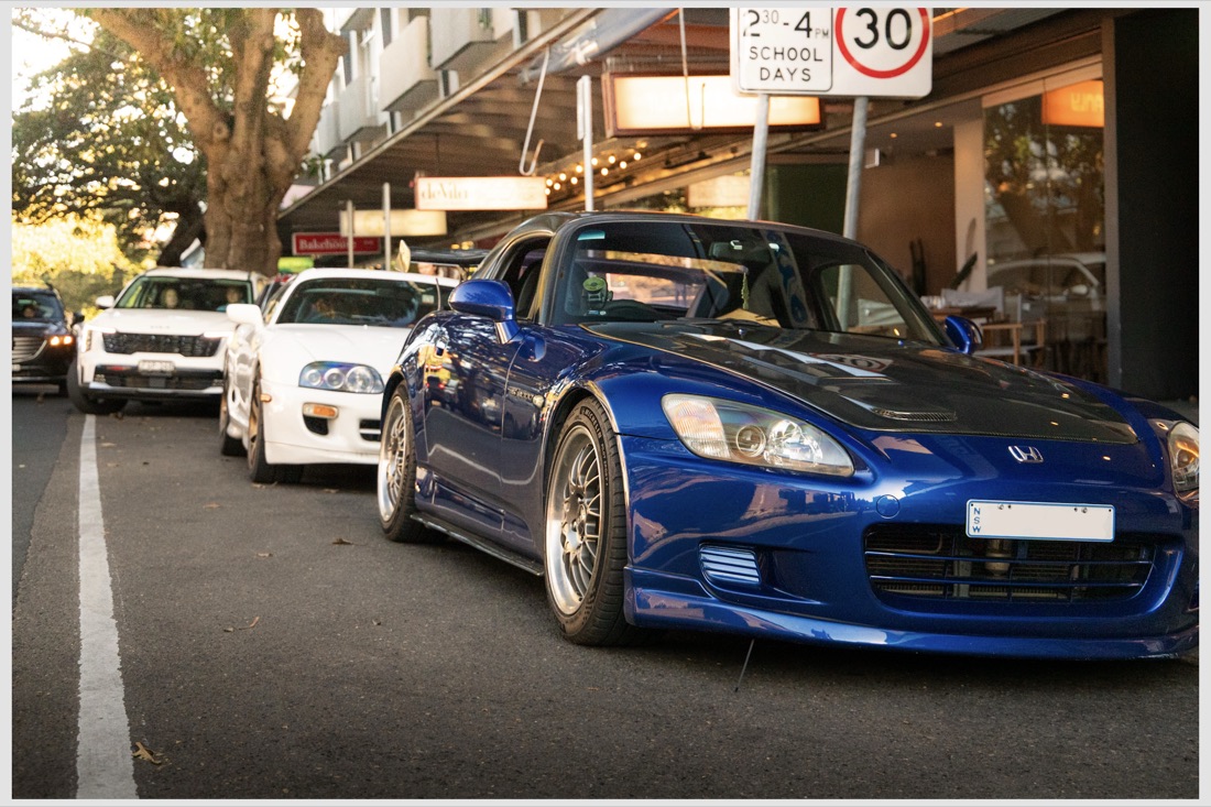 Honda S2000 and JDM cars lined up at a Manly meet